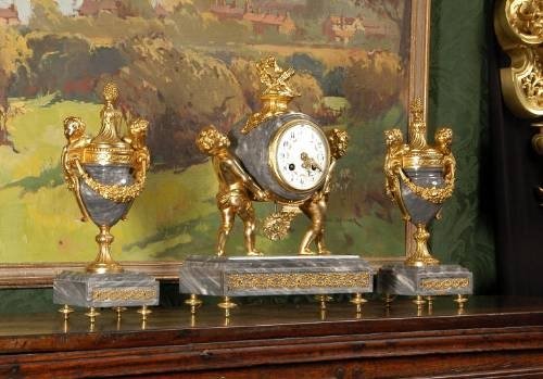fig 1. **** SOLD **** Marble and Gilt Cherub Clock Set by Vincenti et Cie